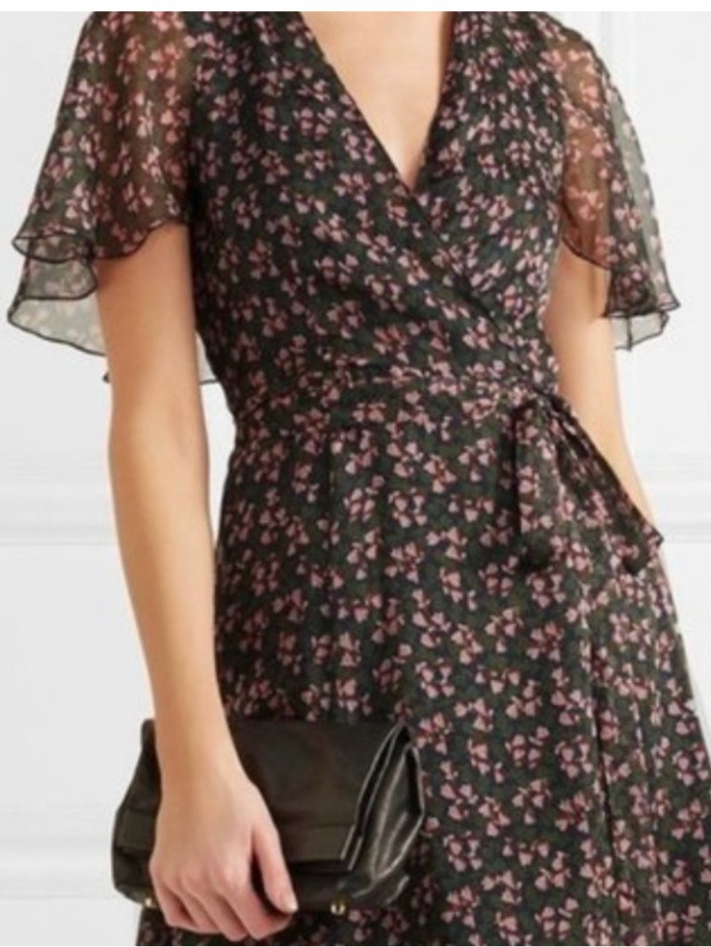 NWT Alexa Chung Women's Black Floral Wrap Dress with Pink Accents Size 6